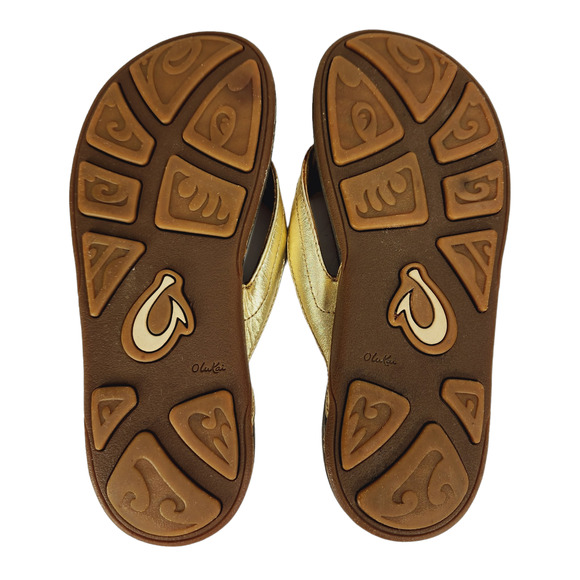 OluKai Womens Flip Flop Sandal sz 5 35 Kumu Gold Brown Leather Rubber Hawaiian - Picture 9 of 10
